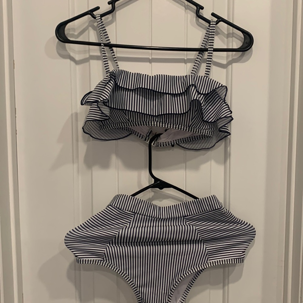 Swimsuit two piece size XS white with blue stripes